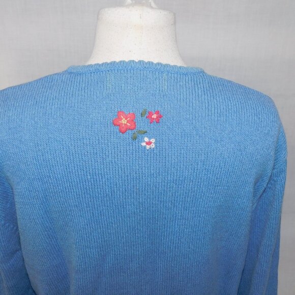 VTG Tulchan Womens XL Blue Pink White Embroidered Flowers Knit Sweater - Picture 9 of 10